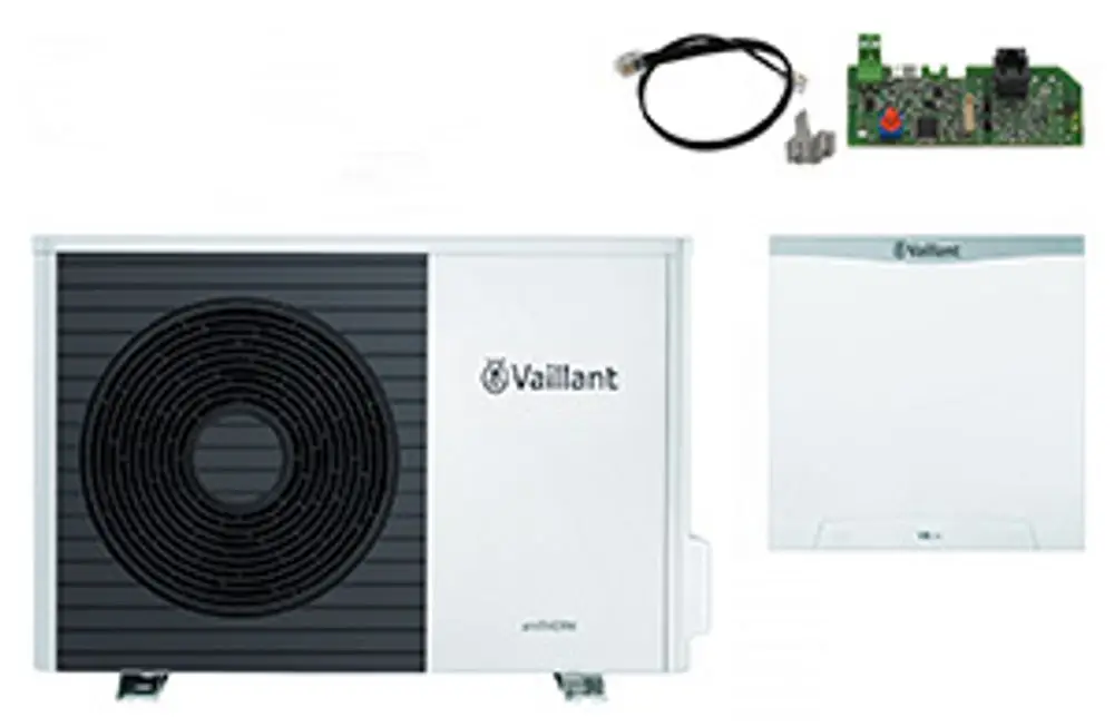 Außenmodul mit schwarzem und weißem Gehäuse von Vaillant, ausgestattet mit einem Kreislaufventilator und mehreren Anschlüssen, daneben eine Steuerplatine und Zubehörteile.
